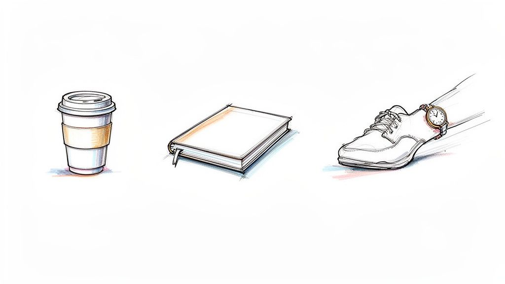 A minimalist sketch showing a coffee cup, a closed notebook, and a foot with a watch.