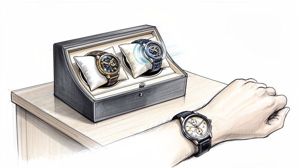 Hand wearing a watch, next to a stylish watch winder box with two luxury watches.