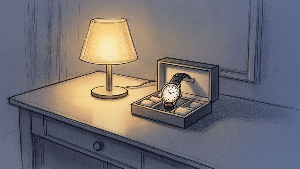 A glowing table lamp casts light on a watch box holding a classic wristwatch.