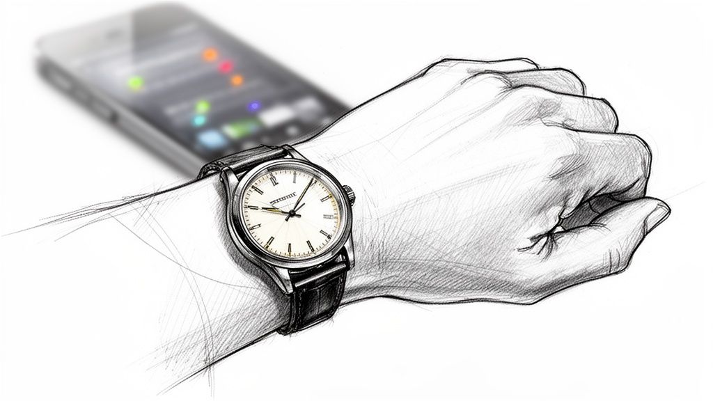 A detailed sketch of a wrist wearing a classic analog watch, contrasting with a blurred smartphone.