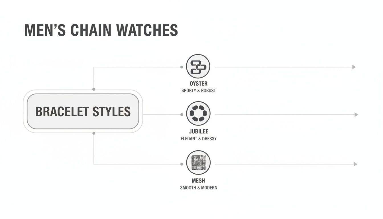 Diagram showing men's chain watch bracelet styles: Oyster, Jubilee, and Mesh, with descriptions.