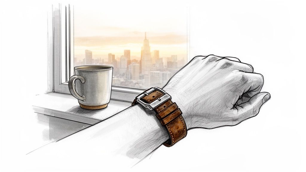 Detailed sketch of a hand wearing a leather watch by a window overlooking a city skyline.