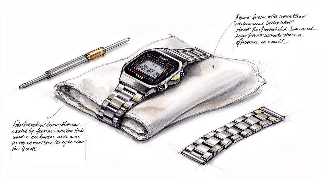Detailed sketch of a silver Casio digital watch with a metal strap, a tool, and extra links.