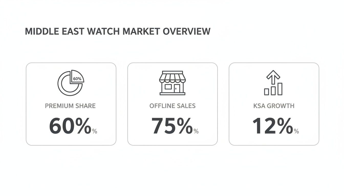 Infographic showing key statistics for the Middle East watch market overview, including premium share, offline sales, and KSA growth.