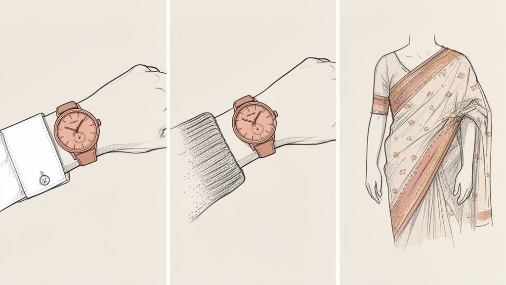 Three panels showcase a rose gold watch on a wrist with diverse attire, alongside a traditional saree.