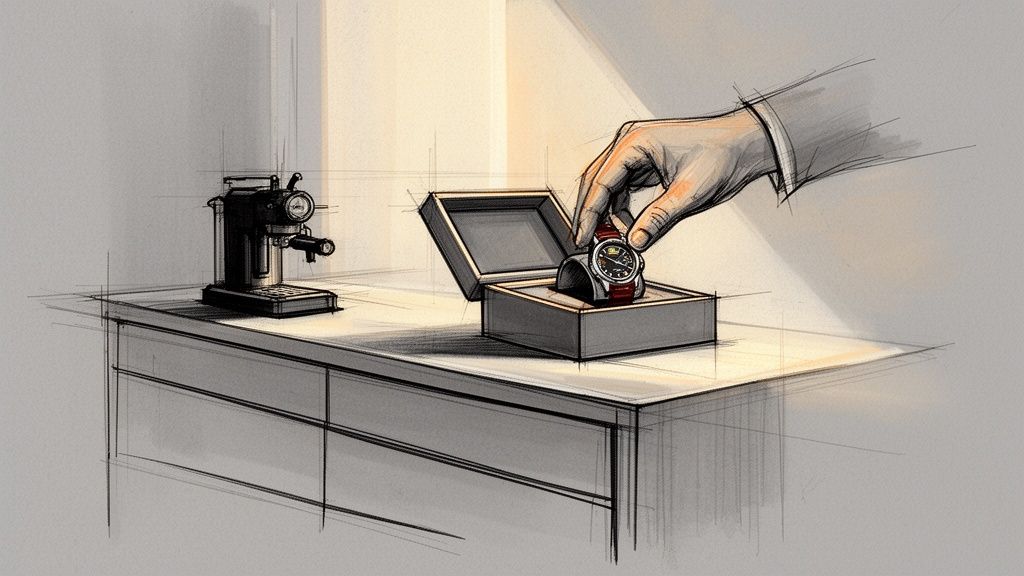 An illustrated hand removes a stylish watch with a red strap from an open display box next to an espresso machine.