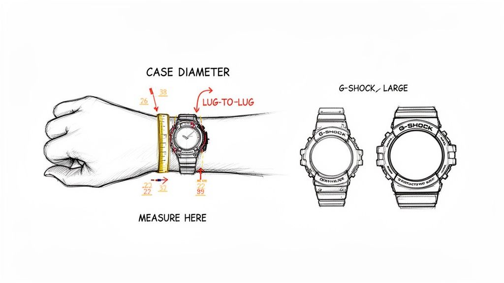 Diagram illustrating how to measure watch case diameter, lug-to-lug, and wrist size, with G-Shock examples.