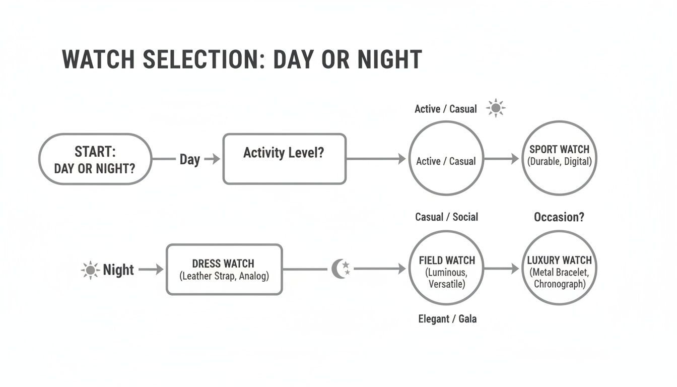 A watch selection flowchart categorizing watches for day or night activities, including sport, dress, field, and luxury types.