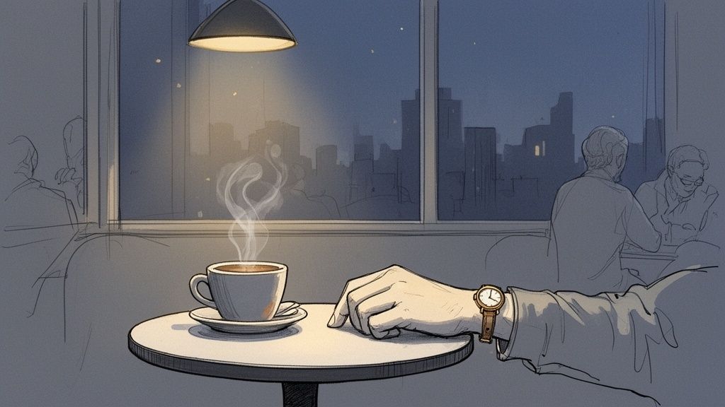 A hand with a gold watch rests on a table next to a steaming coffee cup in a cafe at night.
