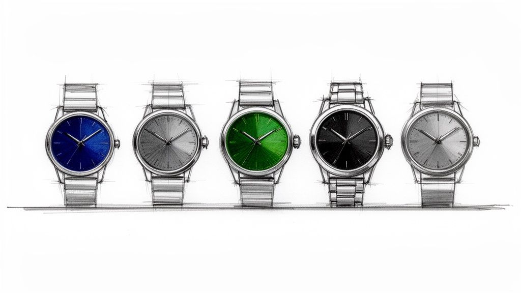 Five hand-drawn watch sketches featuring different dial colors: blue, grey, green, black, and light grey.