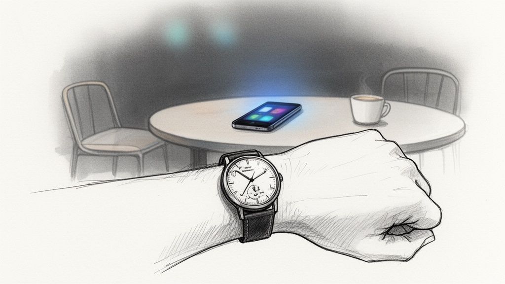 A person's arm with a classic wristwatch, checking time at a table with a glowing smartphone and coffee.