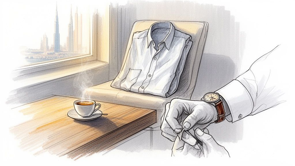 Illustration of hands with a leather watch, coffee, a folded shirt, and a city skyline view.