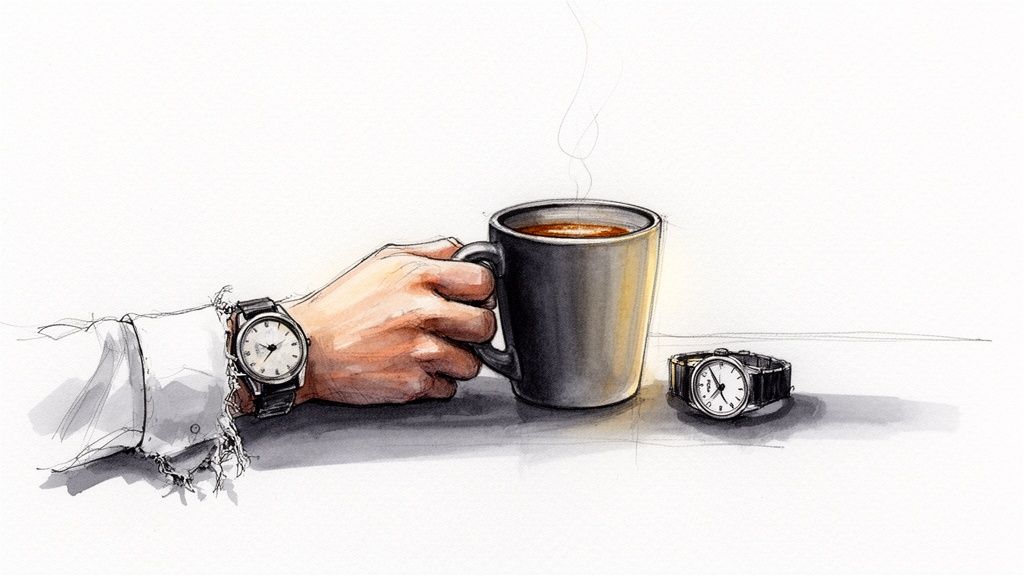 A detailed watercolor sketch shows a hand holding a coffee mug with two wristwatches.