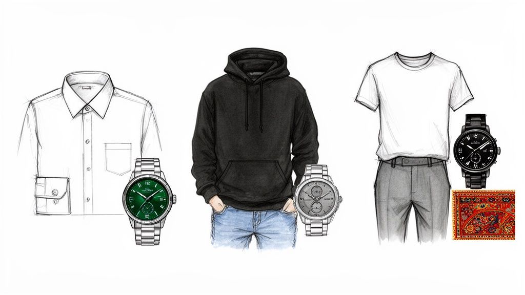 Three illustrations of men's casual outfits, each featuring a distinct wristwatch and clothing item.