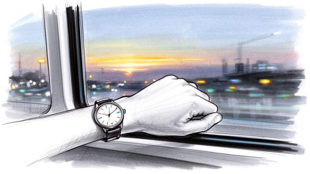 A person's arm with a watch rests on a window sill, viewing a sunset city.