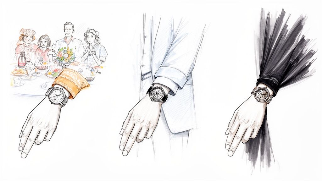 Illustrations show three different luxury watches worn on wrists in various social and professional settings.