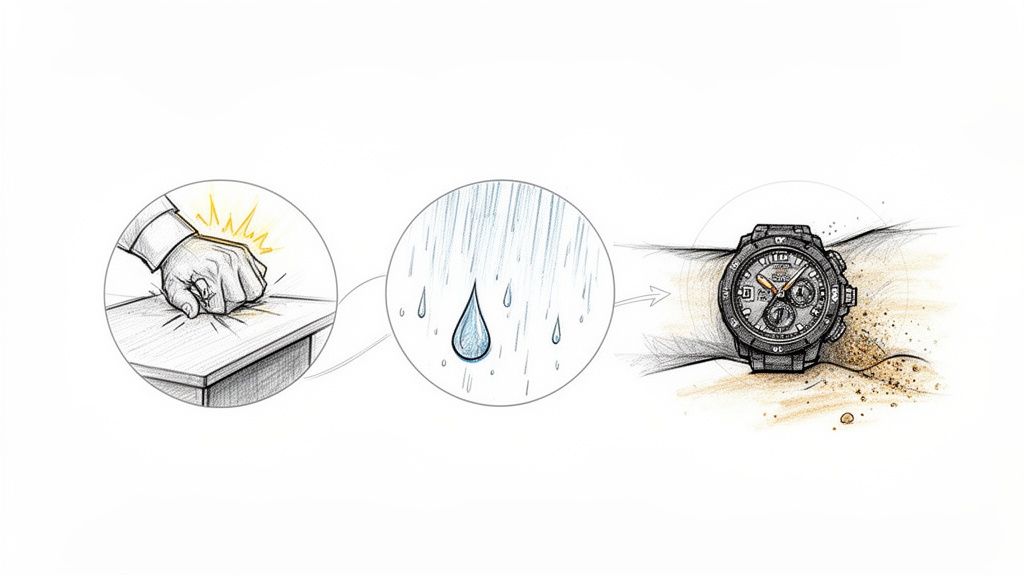 Watch durability illustration showing resistance to impact (fist), water (rain), and harsh environmental conditions.