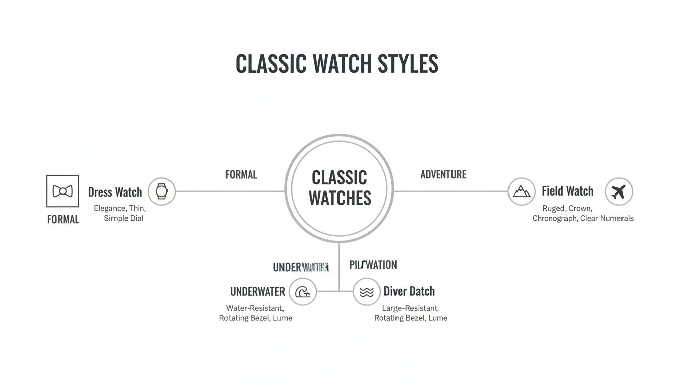 Infographic displaying classic watch styles: dress, field, and diver, with their distinguishing features.