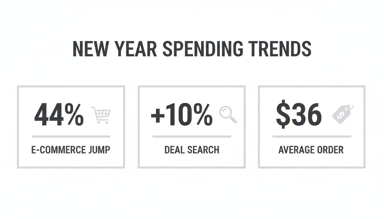 Infographic showing New Year spending trends: 44% e-commerce jump, 10% deal search, and $36 average order.