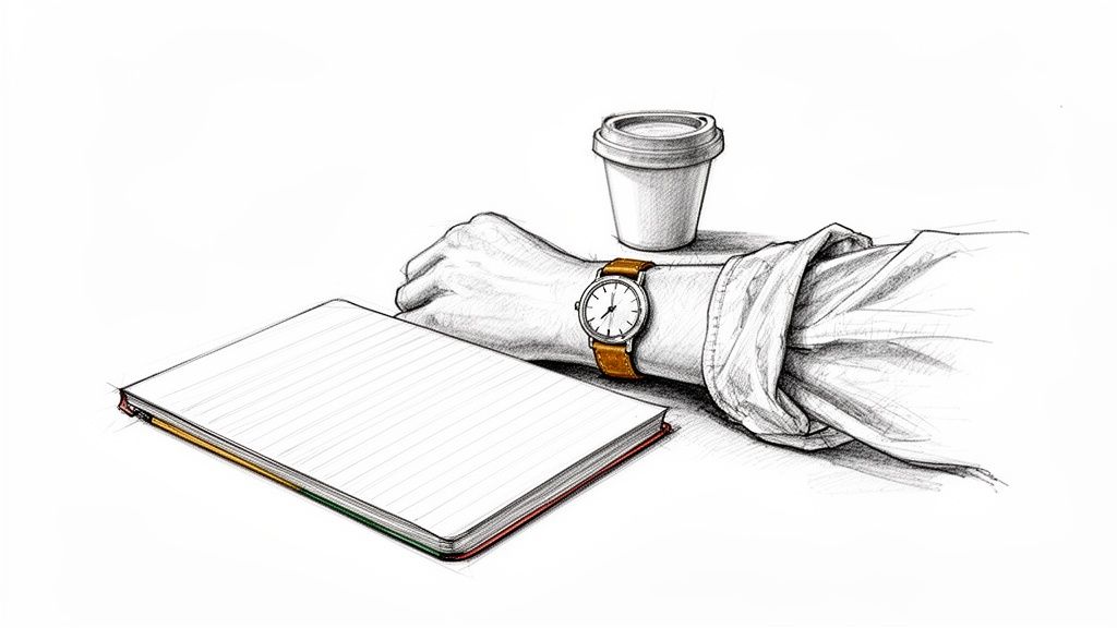 Sketch of a person wearing a watch with a brown strap, next to a notebook and coffee cup.