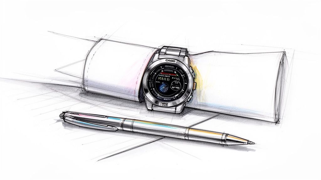 An artistic sketch of a silver Casio digital watch, a metallic pen, and rolled paper.