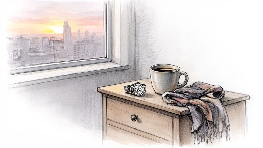 A watercolor and sketch drawing of a city skyline at sunset, with a coffee cup, watch, and scarf on a nightstand.