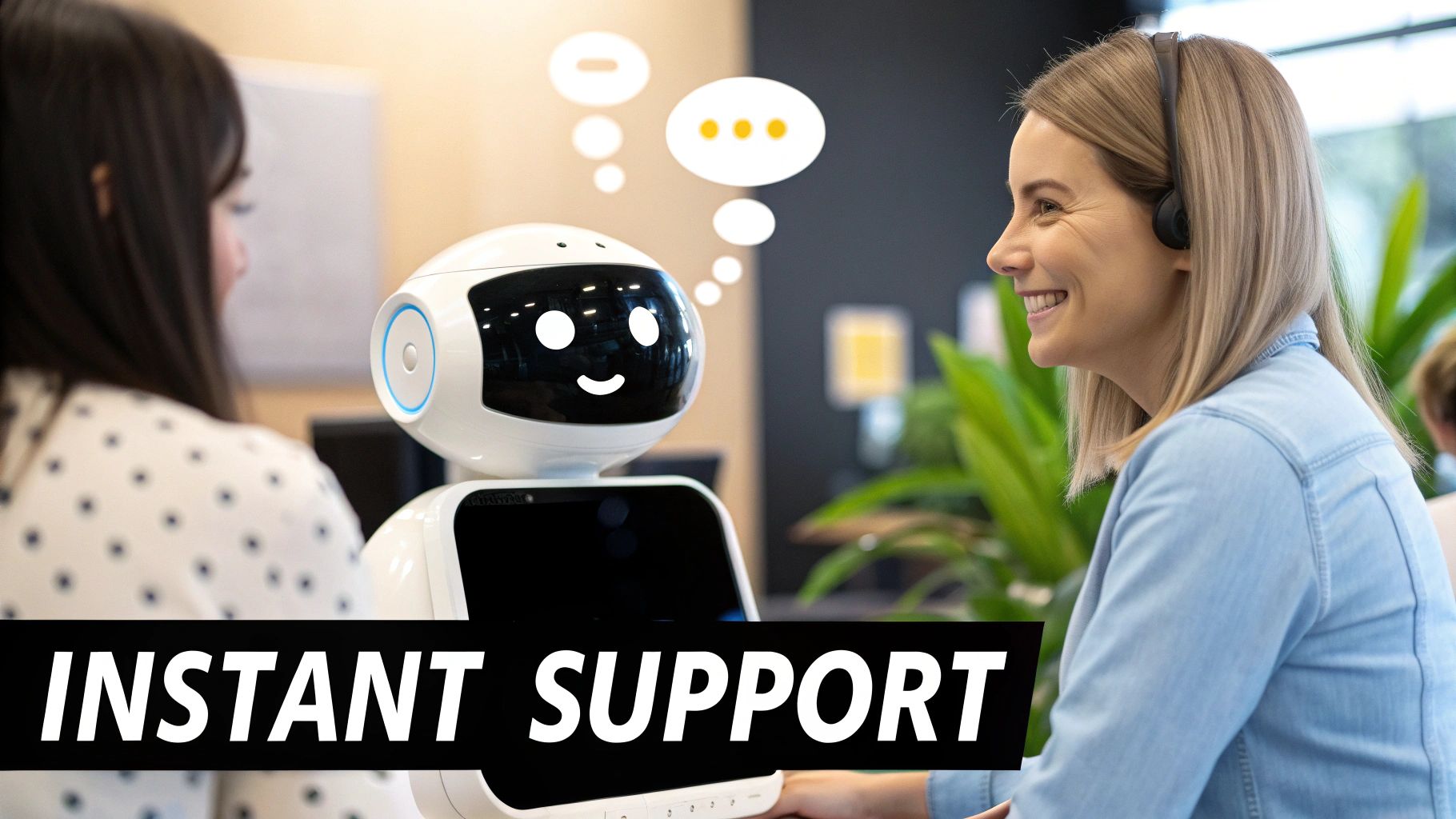 A small business owner using a laptop with icons representing different business functions floating around.