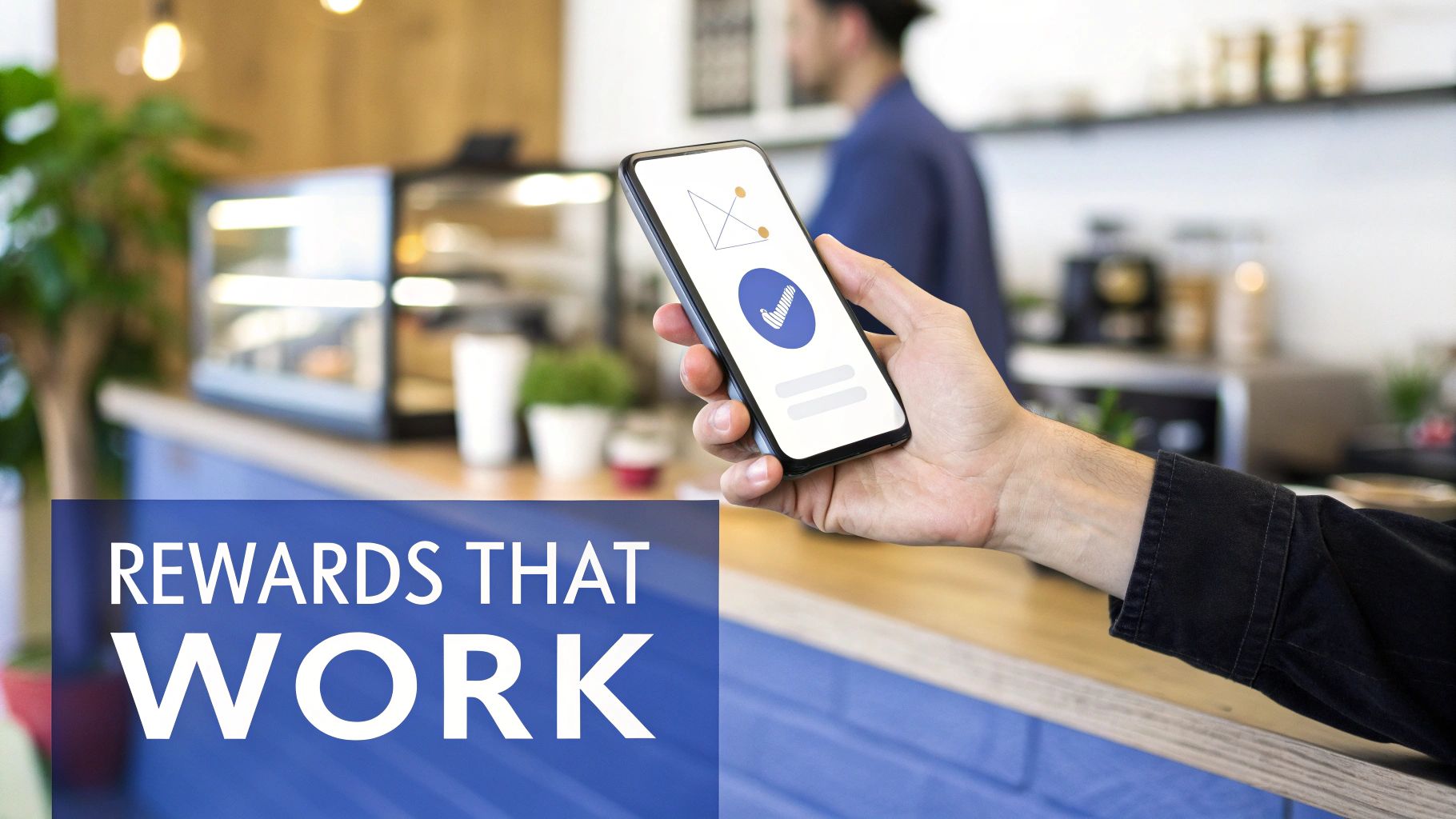 A cafe customer happily scans a QR code on their phone to earn loyalty points, with the barista smiling in the background.