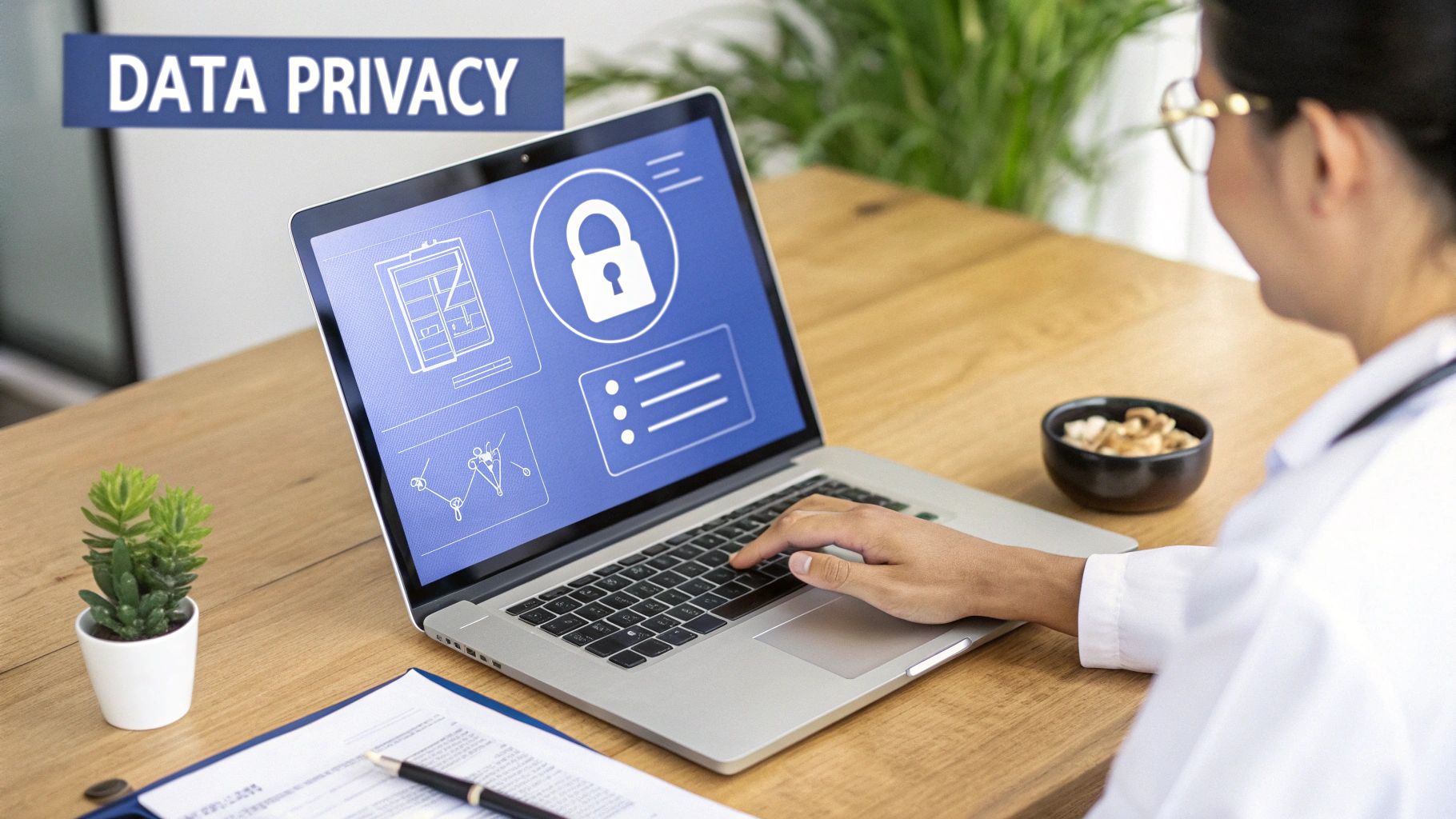 A digital padlock icon overlaid on a medical cross, symbolizing healthcare data security and compliance