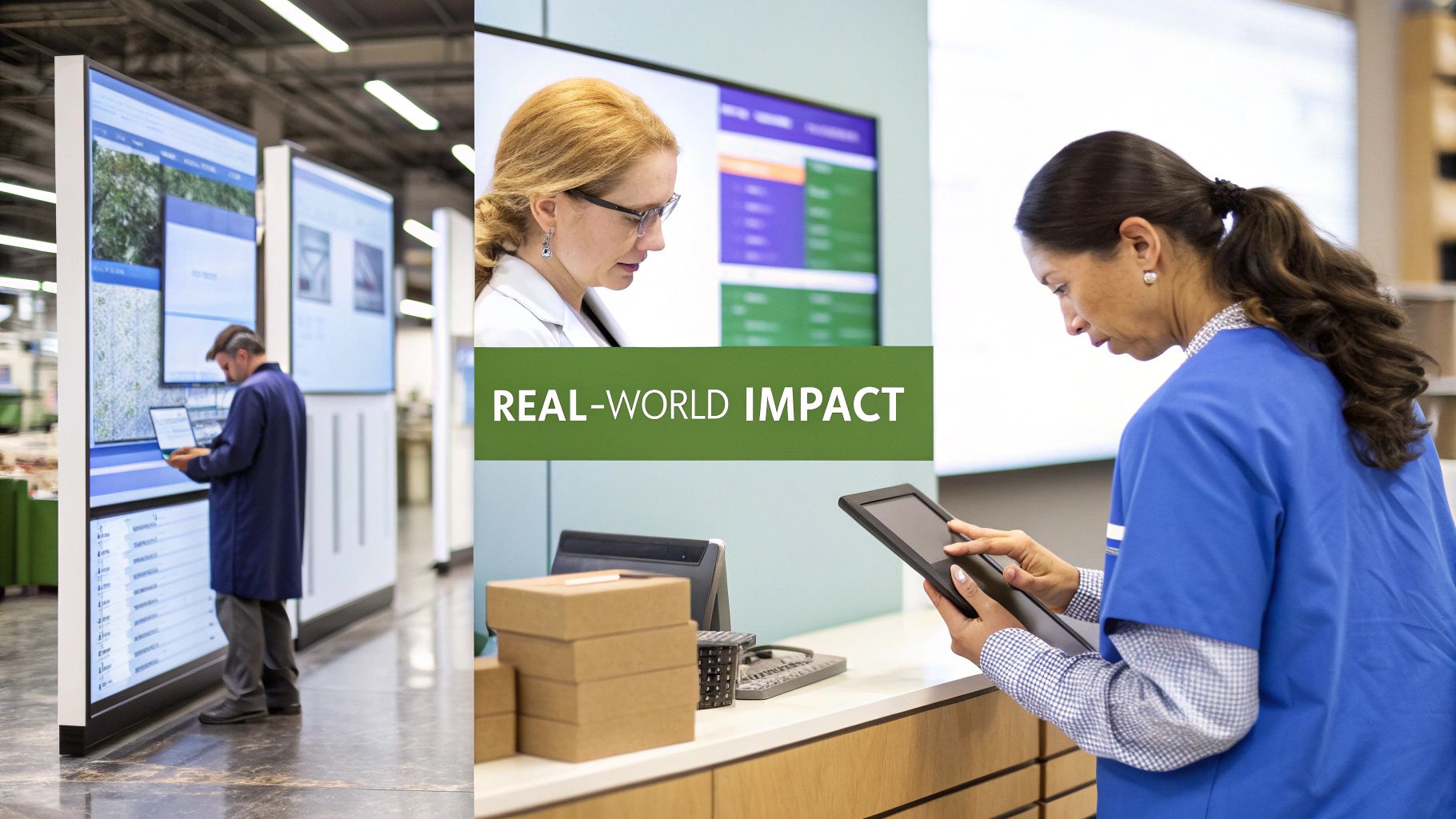 A person interacting with a futuristic digital interface, representing real-world intelligent automation