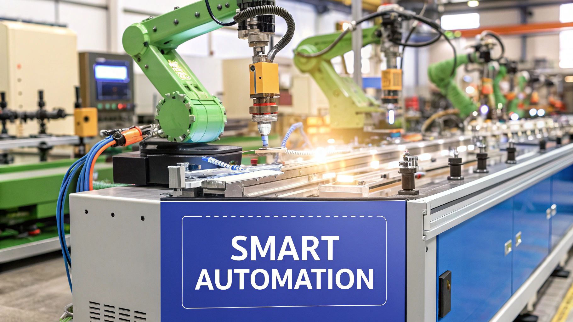 A futuristic control room showing automated quality management processes on multiple screens