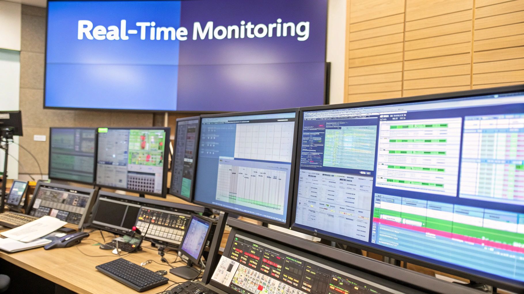 An automated quality management system showing data collection, analysis, and correction on a factory floor