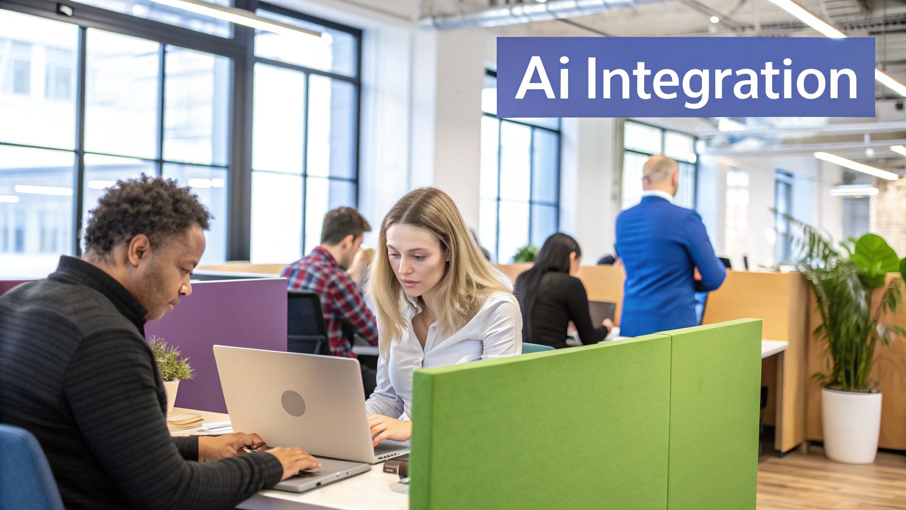 A person at a desk interacting with AI-powered software on a computer screen, symbolizing the practical application of AI in business.