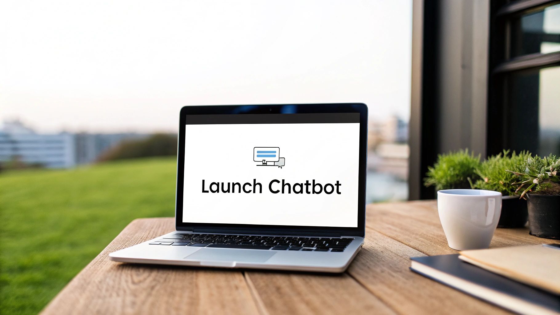 An illustration of a chatbot launch sequence, showing a rocket taking off from a laptop screen. An illustration of a chatbot launch sequence, showing a rocket taking off from a laptop screen.