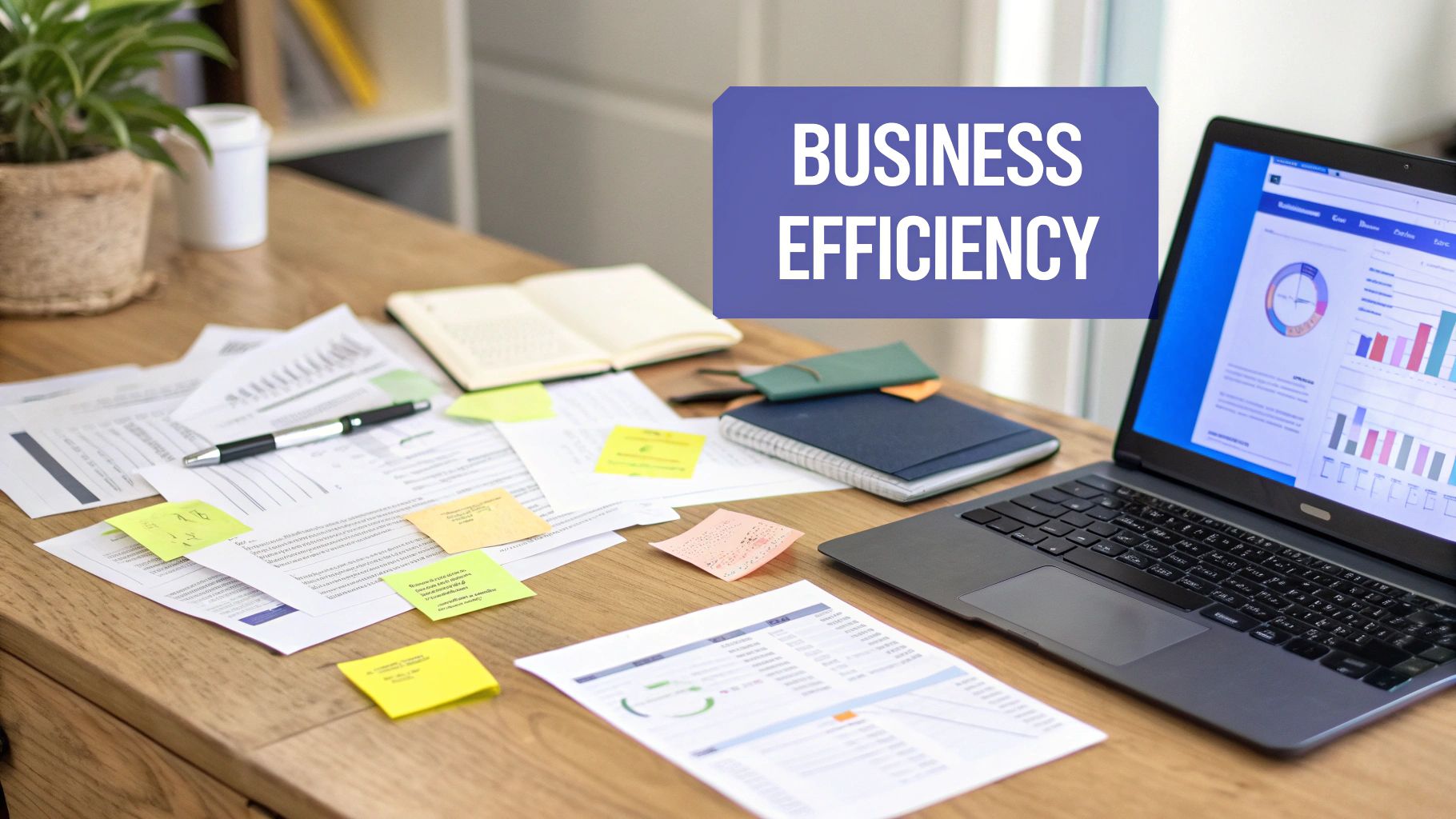 A person working at a desk with charts and graphs behind them, symbolizing improved efficiency