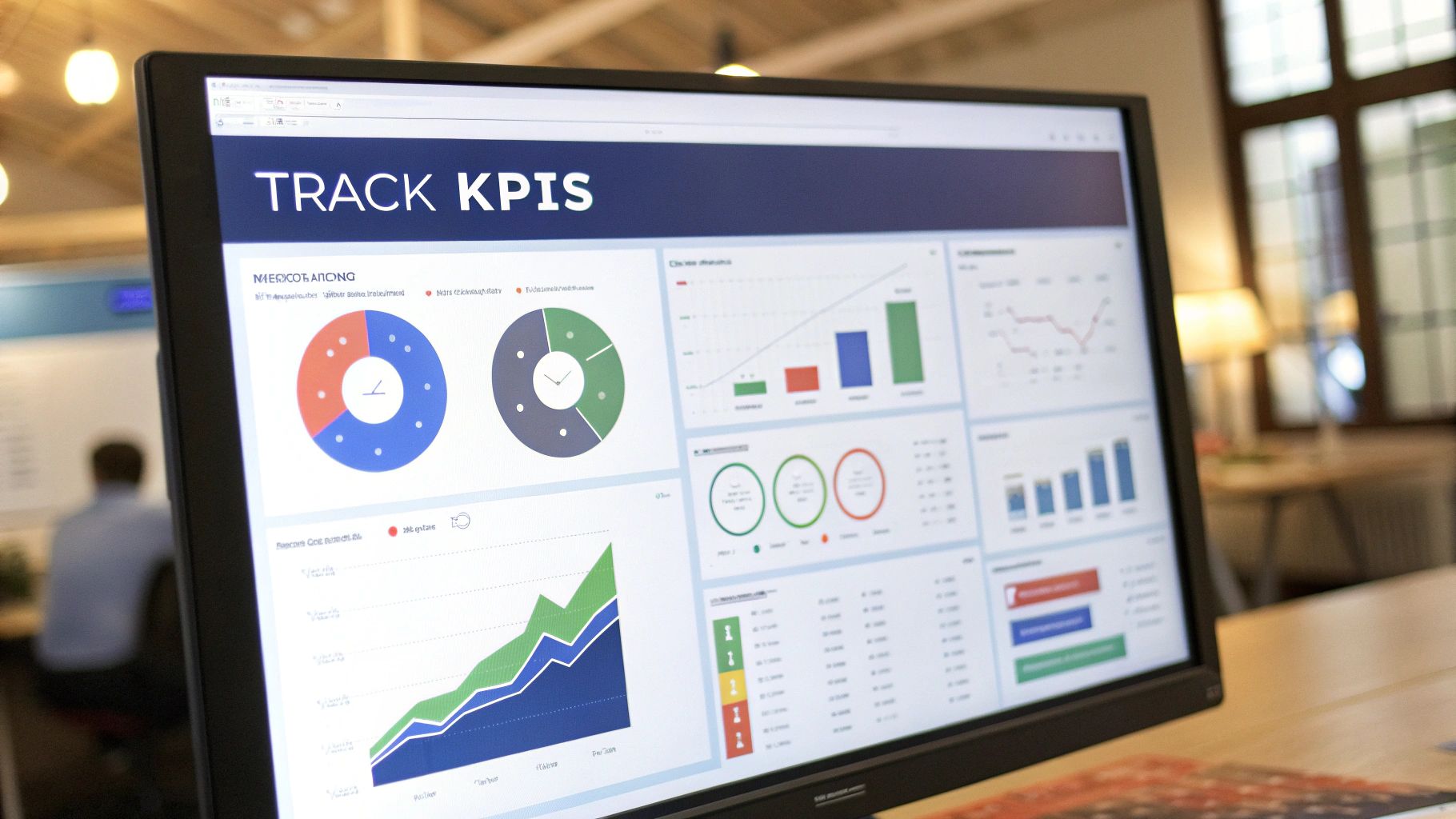 A data analyst reviewing AI performance dashboards on multiple screens, symbolizing the continuous optimization of a business AI solution.