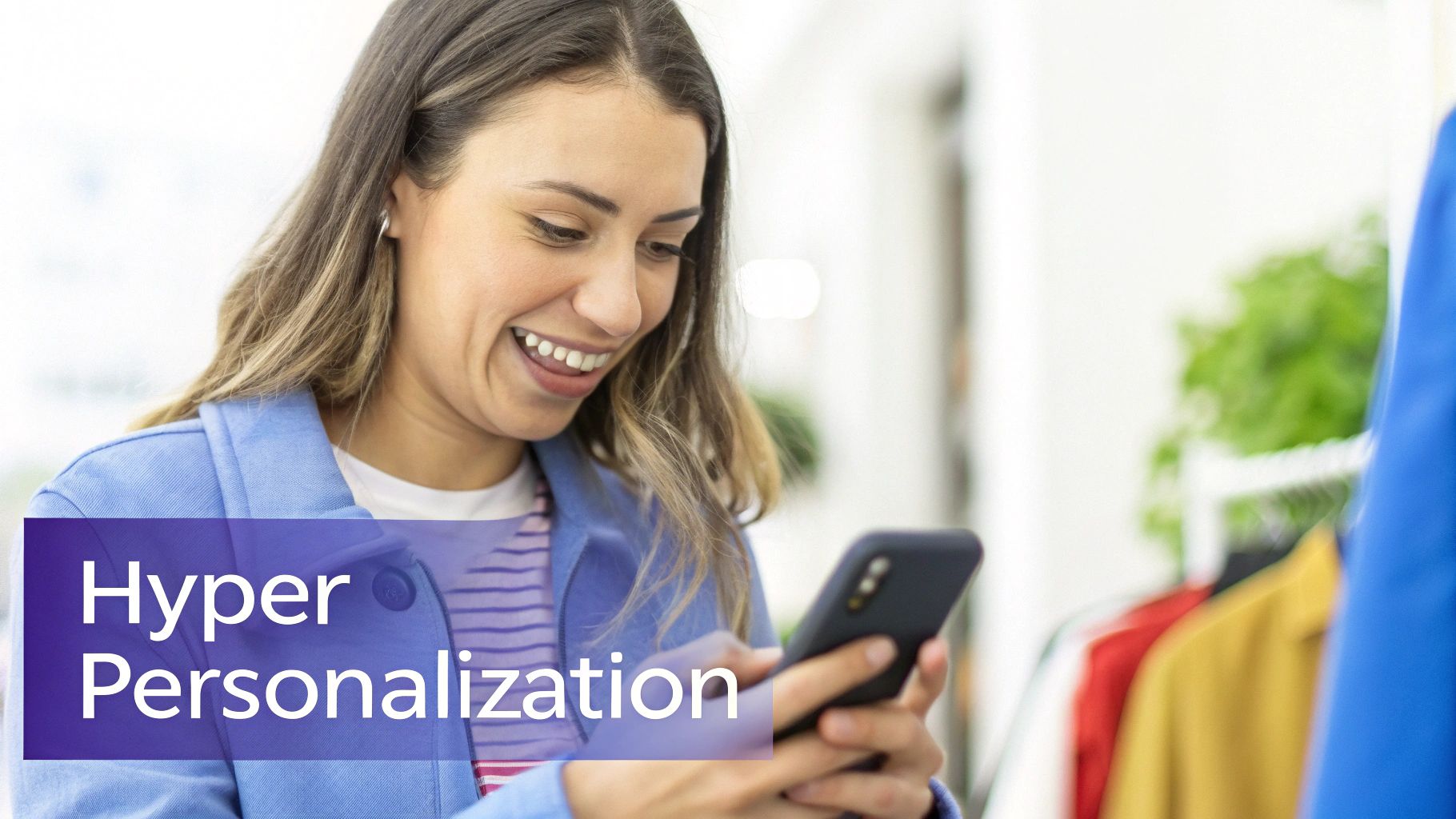 A smiling small business owner using a tablet to analyze customer data and personalize offers, with product shelves in the background.