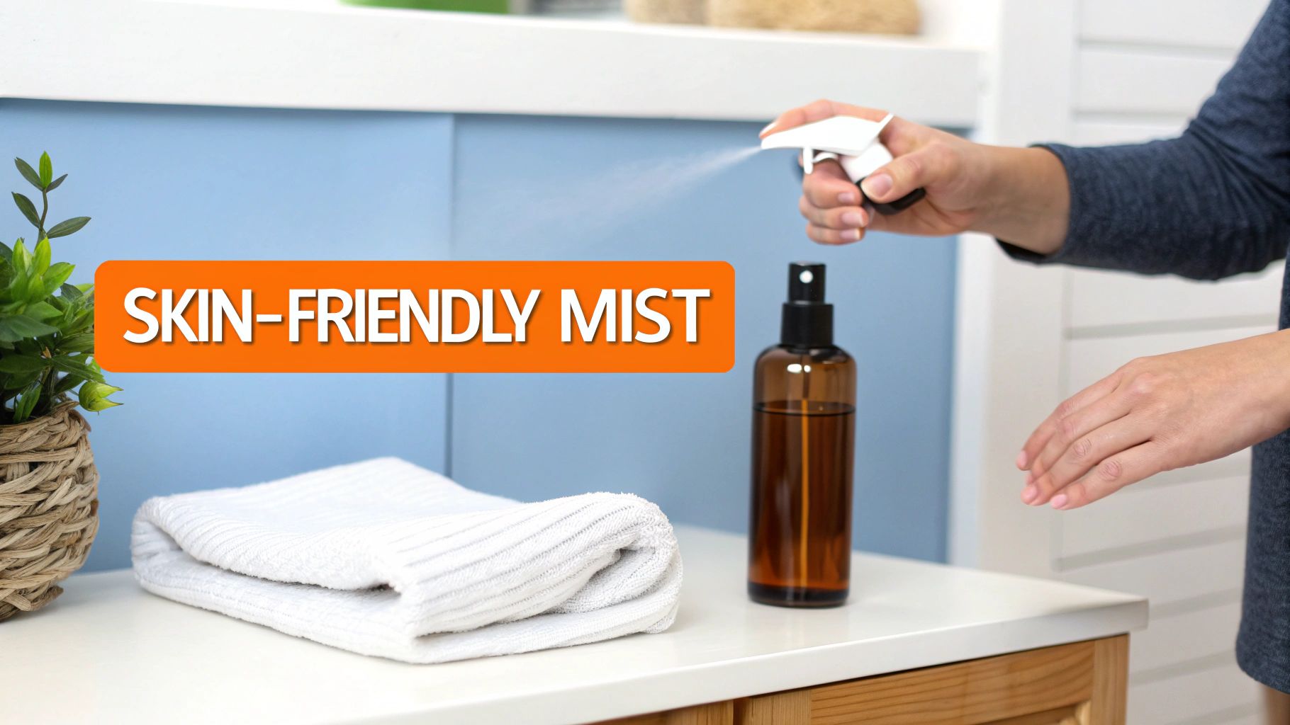 Person misting their face with a gentle hypochlorous acid spray