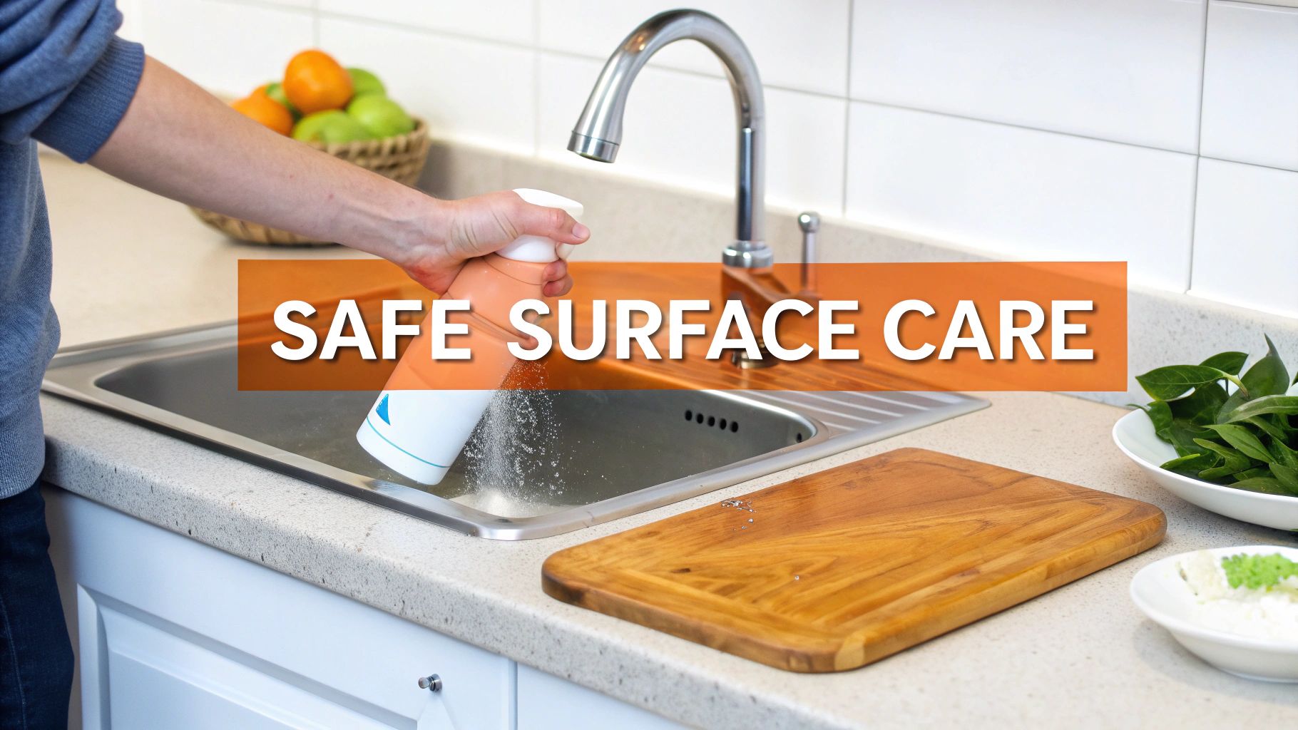 Person disinfecting a kitchen countertop with a spray bottle and cloth