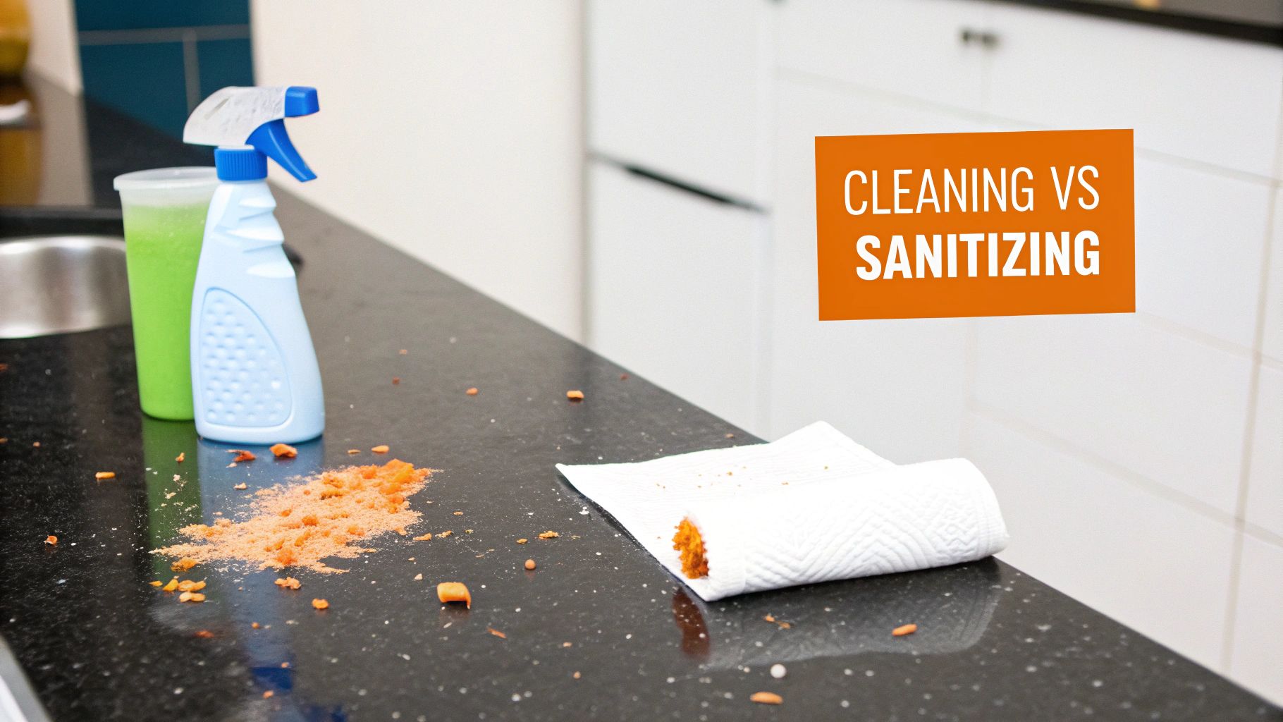 Person in yellow gloves sanitizing a countertop with a spray bottle and cloth