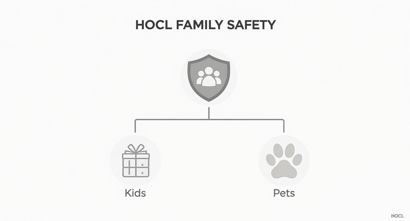 Infographic showing that a hypochlorous acid is safe for kids and pets, with icons representing family safety.