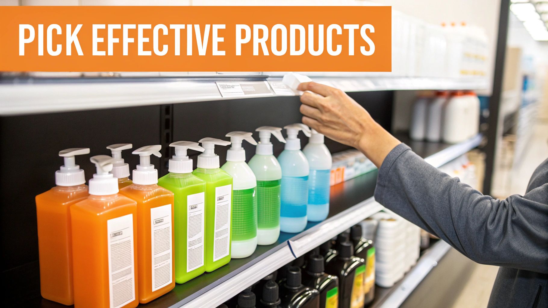 A collection of various cleaning and sanitizing products on a shelf