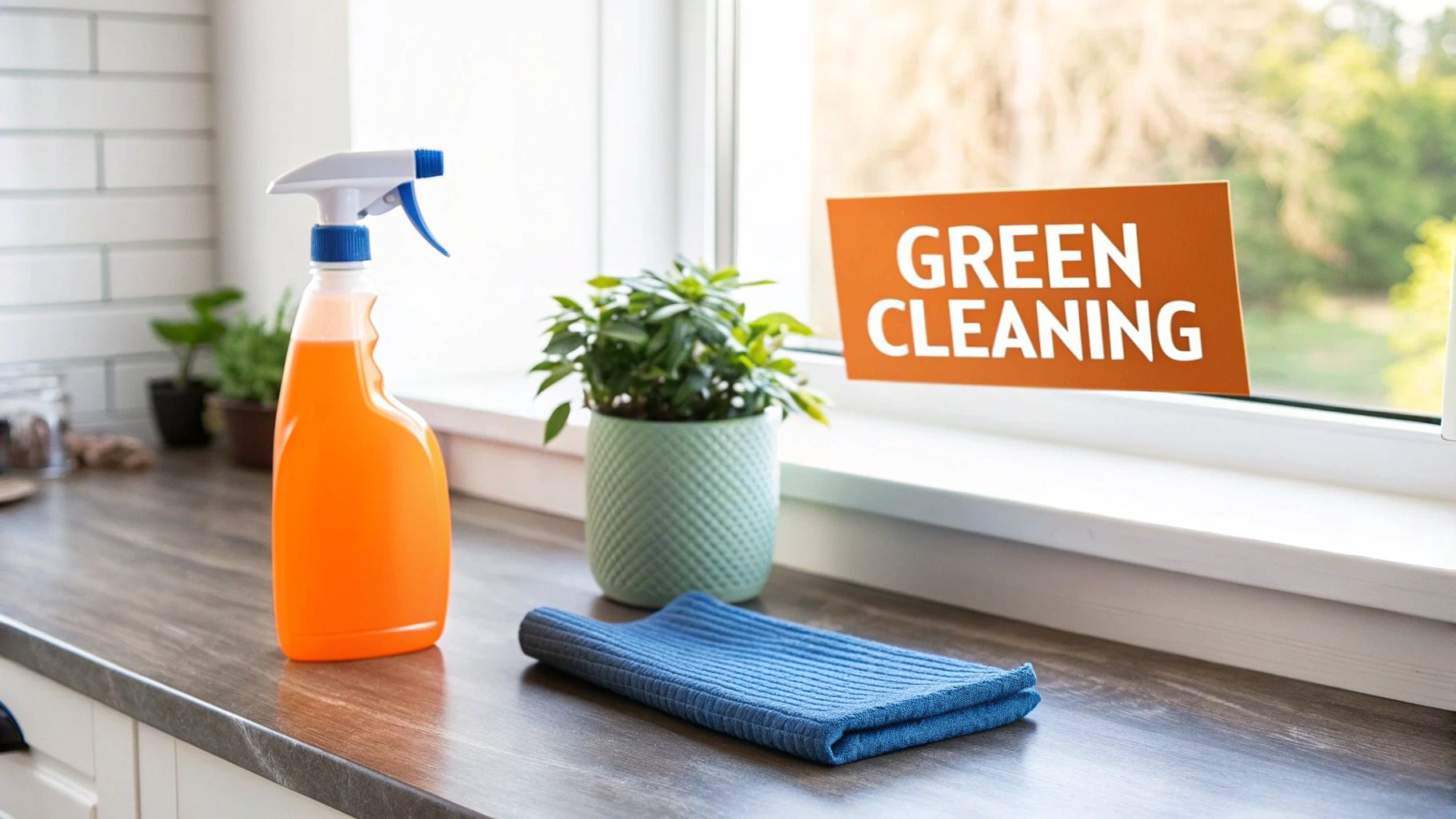 A person's hands holding a spray bottle and a cloth, cleaning a wooden surface with plants in the background.