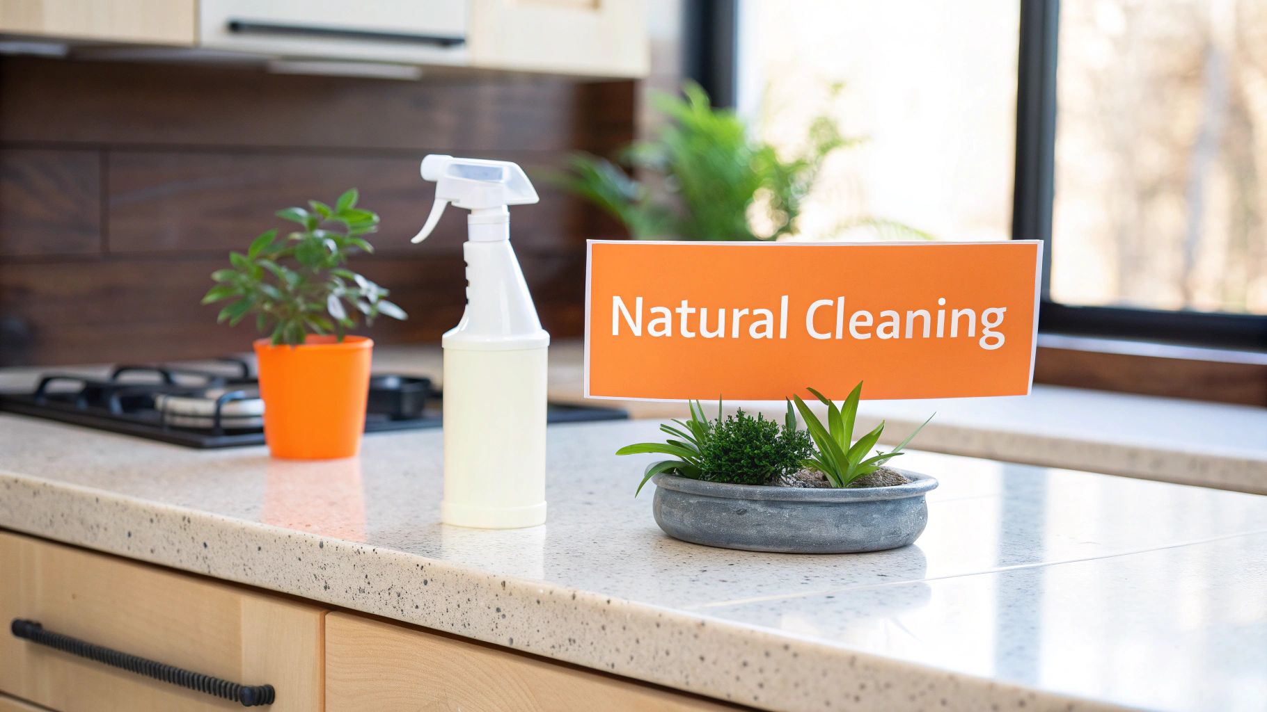 Woman using a natural multi surface cleaner on a kitchen countertop