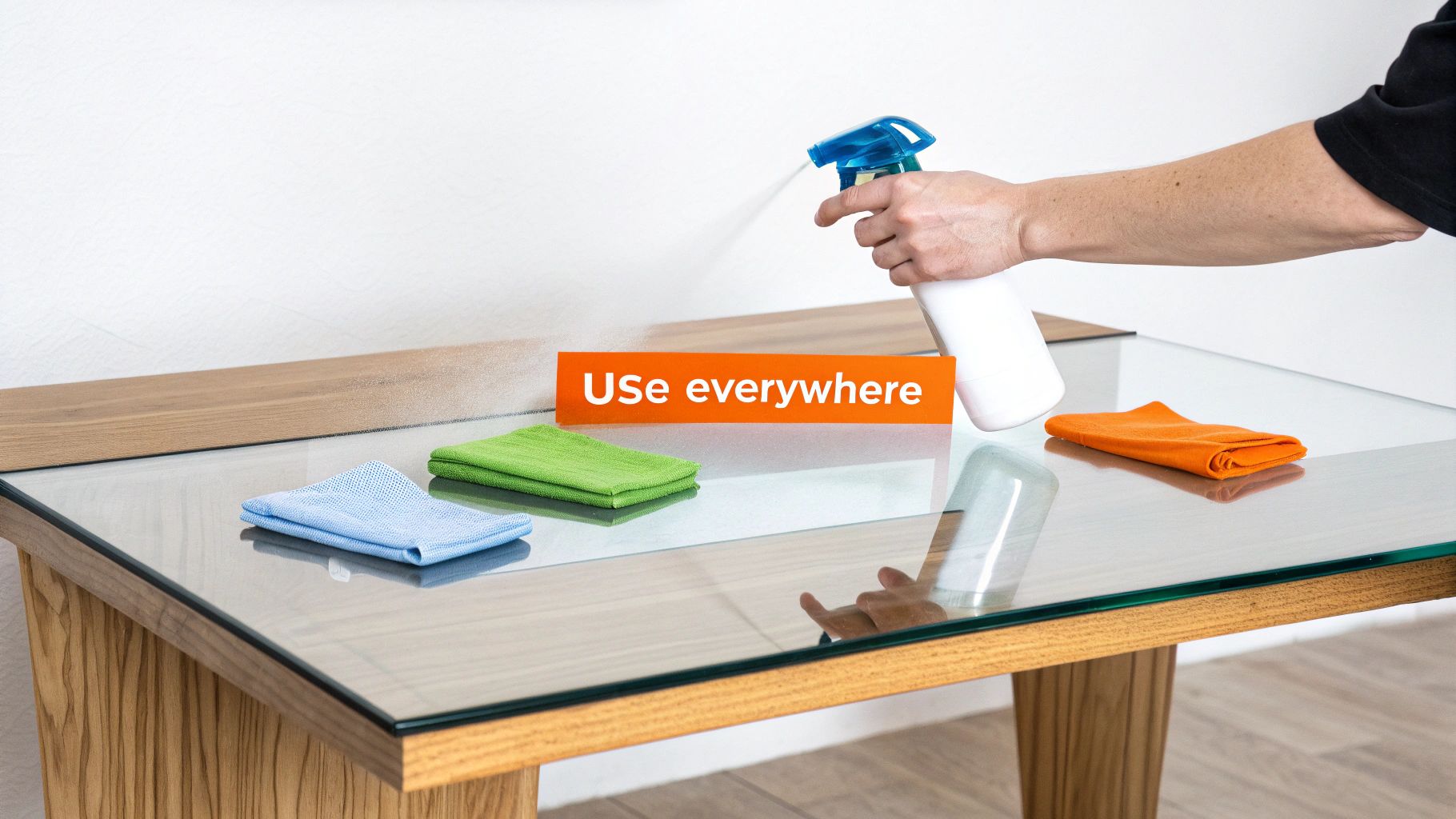 A person sprays a natural cleaner on a home surface, showcasing its versatility.