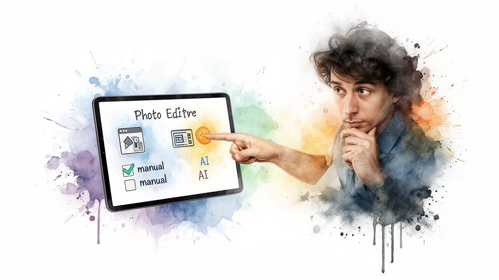Man points to AI option on a tablet showing photo editing choices between manual and AI.