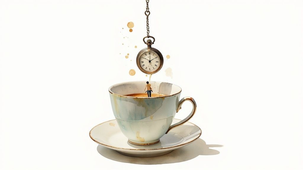 A whimsical watercolor painting of a small person in a teacup with a dripping pocket watch.