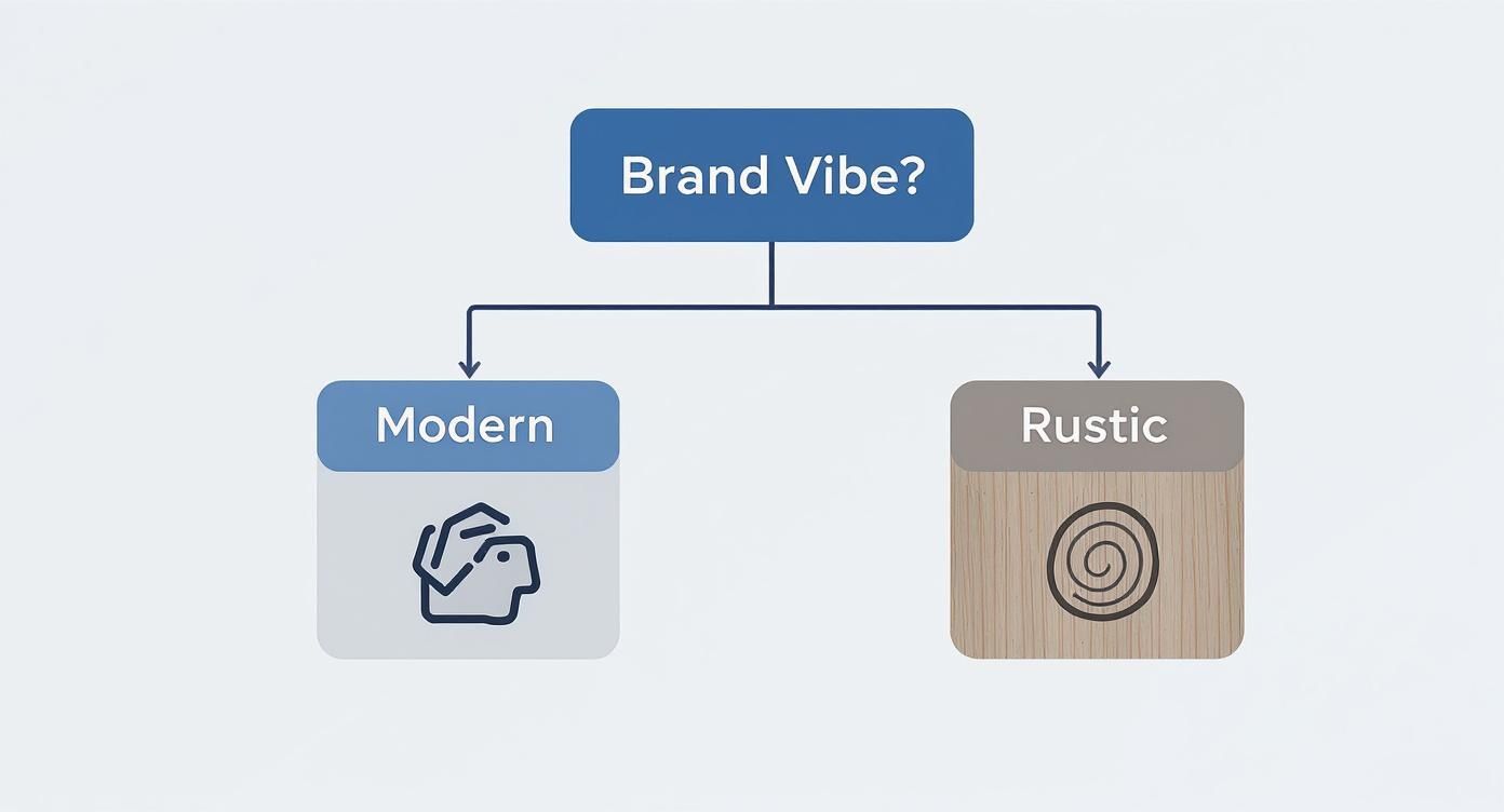 Ein Flussdiagramm, das „Brand Vibe?“ fragt, mit Optionen für „Modern“ (Personen‑Symbol) und „Rustikal“ (Holzstruktur, Spiralsymbol).