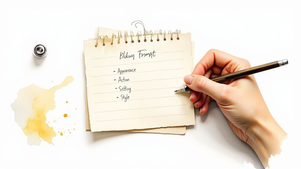 A hand writing a creative prompt list on a spiral notebook, with a coffee stain and thumbtack.