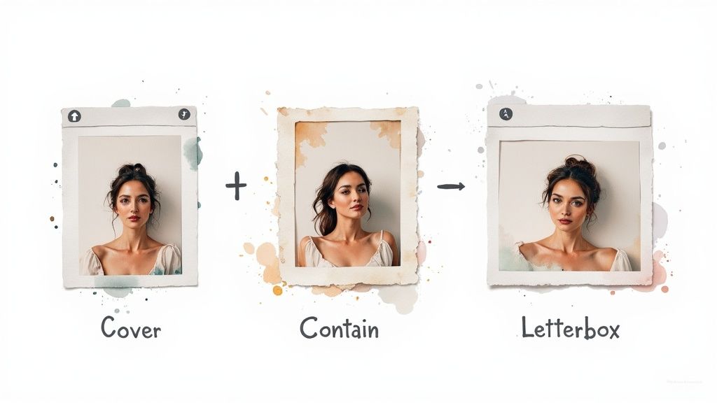 An illustration showing three image aspect ratio modes: Cover, Contain, and Letterbox, using a woman's portrait.
